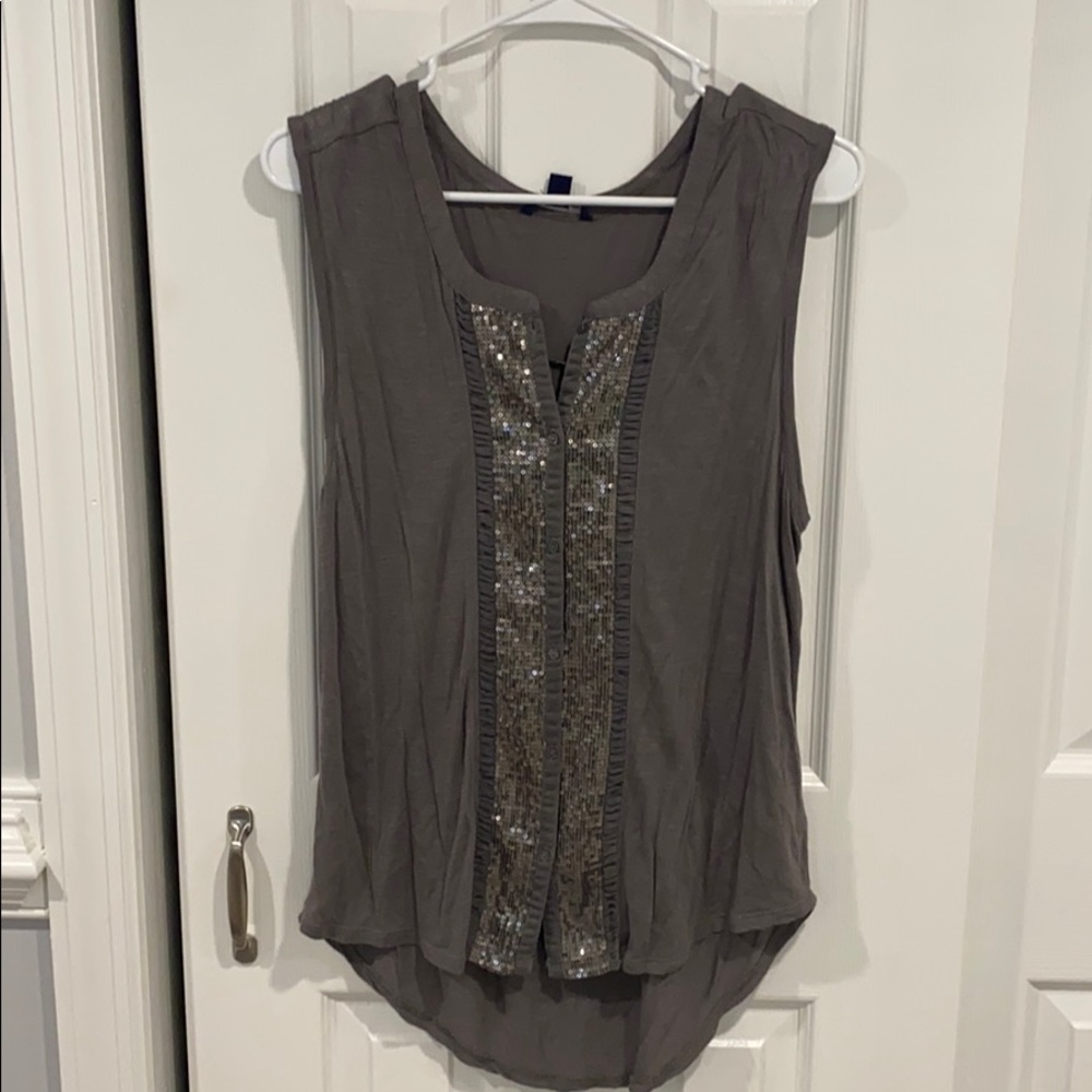 American Eagle Outfitters Gray Sleeveless Sequin-Trim Tank Top